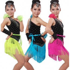 Turquoise fuchsia Children's Latin dance dress Girls Clothing tassel performance clothing dance dress