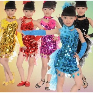 Turquoise red fuchsia yellow Cocktail Sequin Dance Costumes Samba Fitness Dress Latina Child Kids Girls Latin Dress