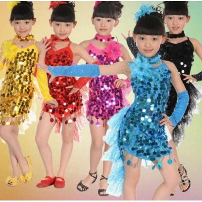 Turquoise red fuchsia yellow Cocktail Sequin Dance Costumes Samba Fitness Dress Latina Child Kids Girls Latin Dress
