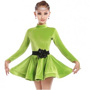 Velvet children latin dresses competition green turquoise hot pink stage performance gymnastics latin ballroom dance dresses