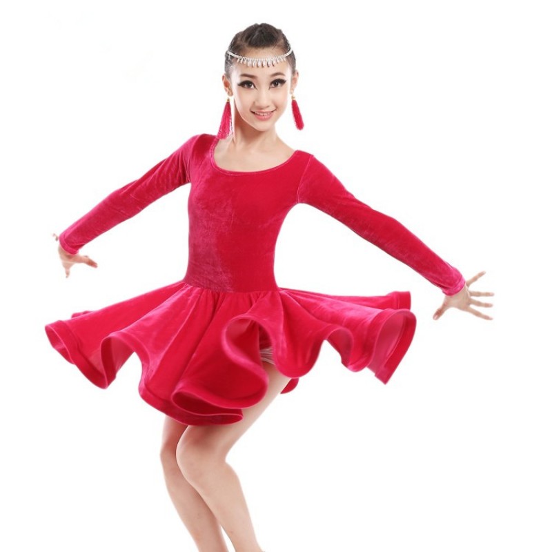 velvet orange light pink fuchsia Child Latin dance costume senior velvet long sleeves latin dance dress for child