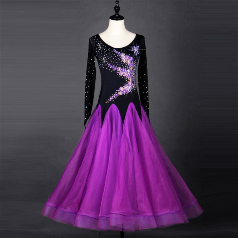 Violet black embroidery stones long sleeves competition female women performance standard ballroom tango waltz dance dresses