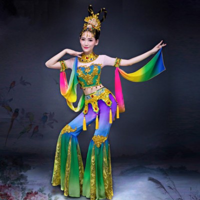 violet green traditional chinese dance costumes women fairy folk dance costume national costume for woman fan  clothing performance