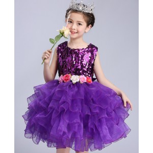 Violet purple pink white red yellow sequined school competition modern girl's kids children ballet jazz singers dance dresses costumes