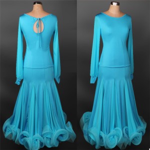 Violet turquoise royal blue red long sleeves competition performance women's ballroom waltz tango dance dresses costumes