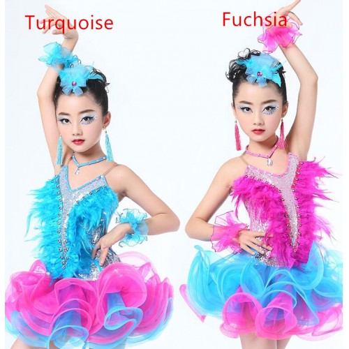 Turquoise fuchsia hot pink patchwork sequins  feather girls tutu skirt ballet ballroom latin dance dresses costumes