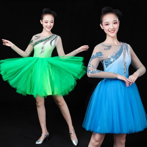 Green turquoise fairy Women party cosplay Modern Dance Stage Performance Costume Chorus costumes Opening Dance Ballroom Dance Competition Dresses