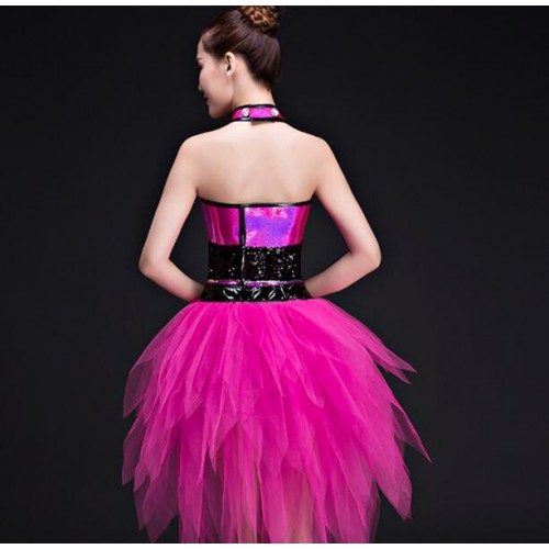 Black fuchsia patchwork sequined Nightclub tuxedo ds performance clothing bar dj sequins suit adult female modern dance jazz dance costumes