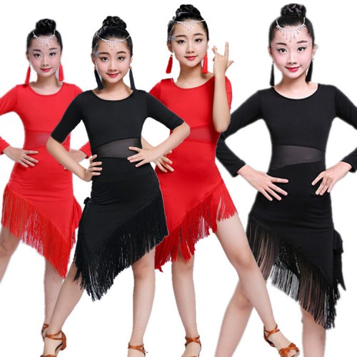  Latin dresses black red girl's kids children performance gymnastics professional competition latin ballroom chacha dance dresses