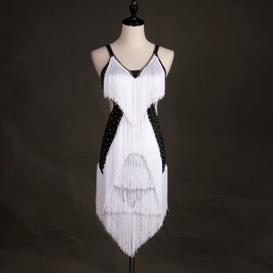 White and black fringes tassels stones competition women's female latin ballroom salsa cha cha dance dresses outfits