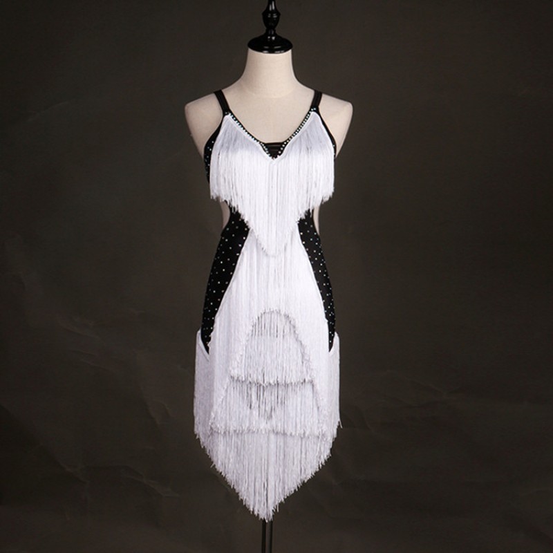 White and black fringes tassels stones competition women's female latin ballroom salsa cha cha dance dresses outfits