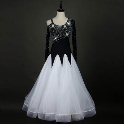White and black patchwork stretchy long sleeves standard stones women competition waltz smooth ballroom dance dresses 