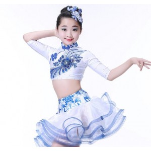 White and blue china style fashion girl's kids teen ages stones competition professional ballroom latin salsa dance dresses costumes