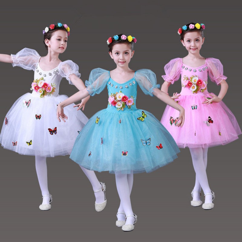 White blue light pink modern dance girl's kids children princess flower girls jazz singers model performance dance dresses costumes