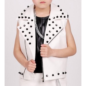 White Child leather rivet Dance Costume Kids Boys Jazz Dance hip hop Dancer Wear competition drummer performance waistcoats