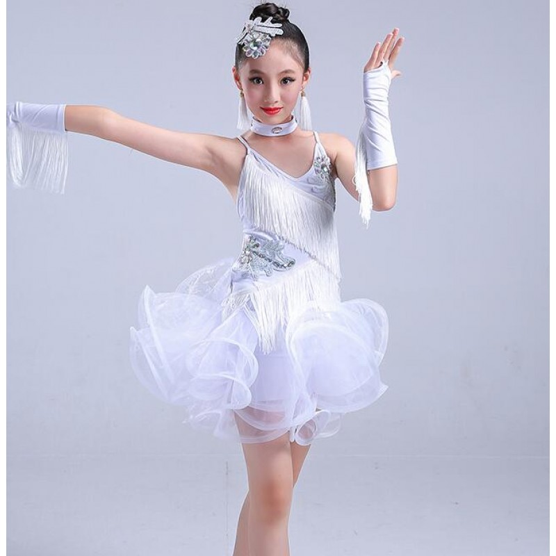 White girl's latin fringes dance dresses competition stage performance professional children kids salsa cha cha latin dance dresses