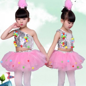 White pink children's dance stage costume for girls modern dance kids jazz dance costumes sequin clothes for singers contemporary dance costumes