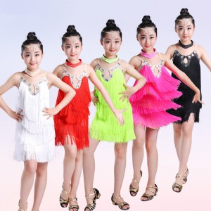 White pink red black neon green  fringes competition diamond girls children latin dance dresses