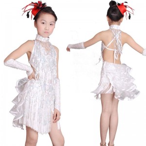 White sequined fringes latin dresses girls kids children stage performance competition ballroom salsa chacha rumba dance dresses
