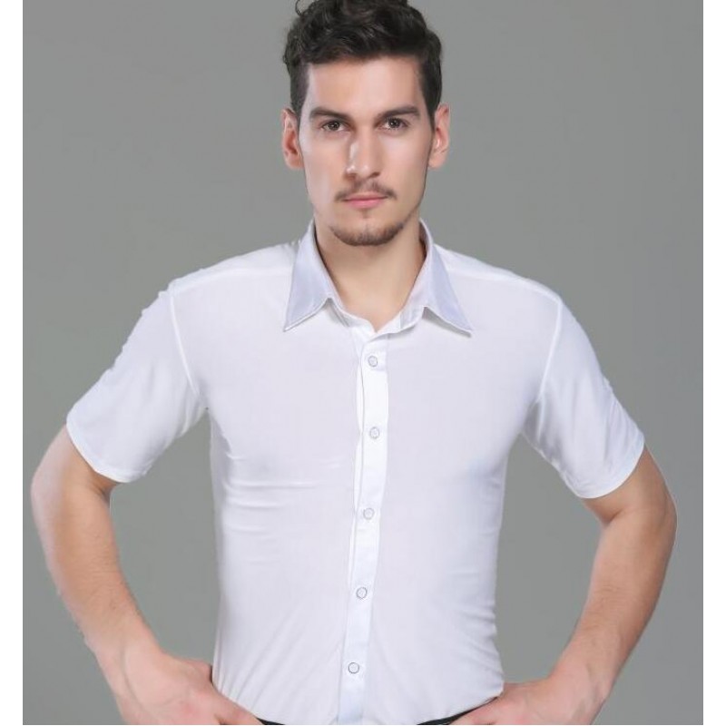 White short sleeves down collar men's male competition performance waltz tango latin dance shirts tops