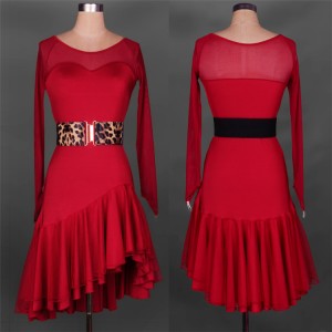 Wine red black red royal blue violet purple long sleeves competition performance professional women's cha cha latin salsa dance dresses