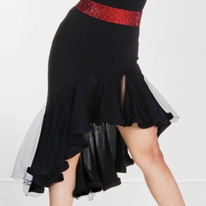 wine red black ruffles irregular hem women's female competition performance latin salsa dance skirts