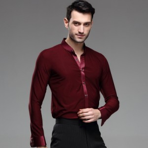 Wine red colored long sleeves stand down collar men's male competition latin ballroom dance tops shirts