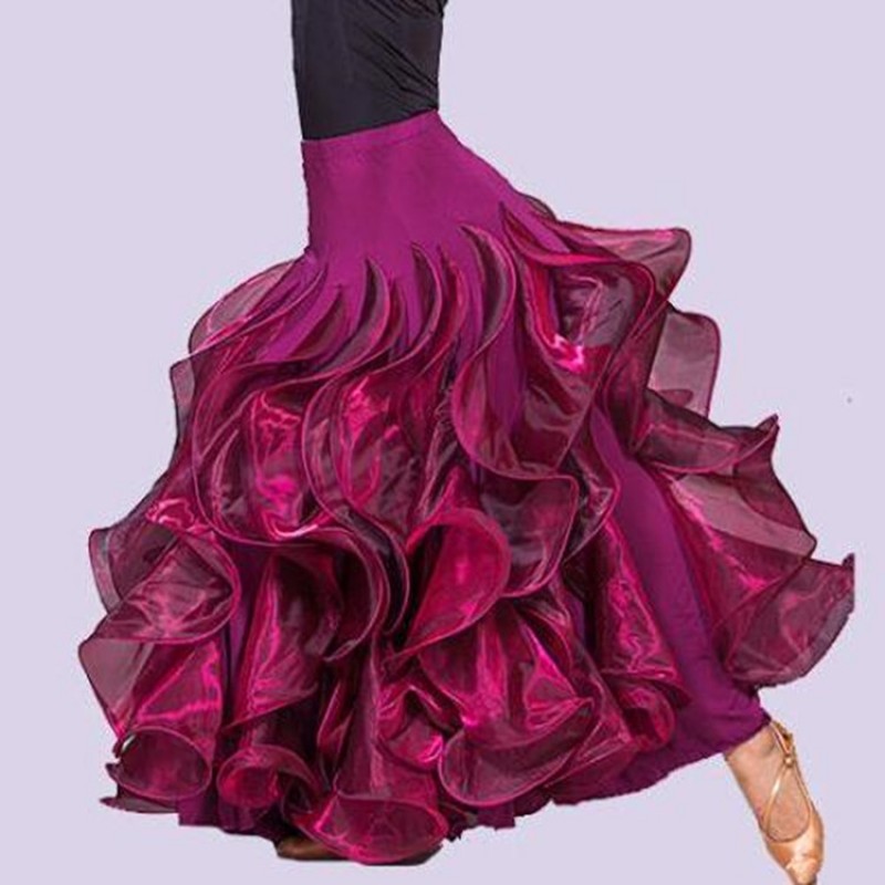 Wine red colored women's fashion competition stage performance women's  ruffles big skirted ballroom tango waltz dance long skirts 
