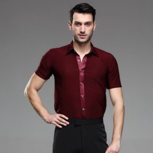 Wine red short sleeves down stand collar men's male man competition latin ballroom dance tops shirts