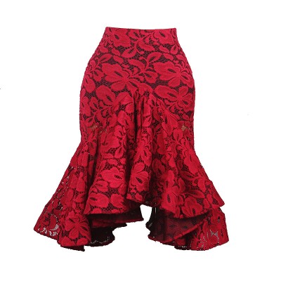 Wine women's latin skirt female competition ladies lace competition stage performance salsa rumba chacha dance skirts