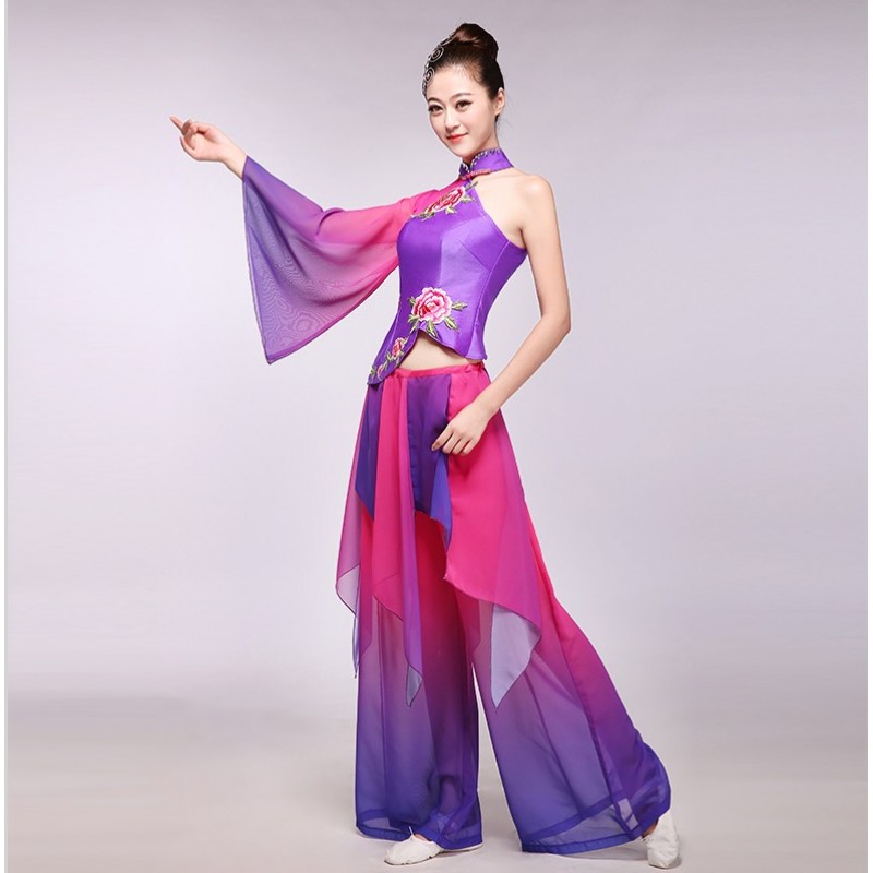 Women Embroidery long sleeves classical dance costumes violet gradient ink flower fairy Chinese folk dance clothing dresses