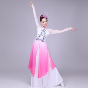 Women fuchsia gradient color Chinese Ancient Costume classical Dancer Wear long Sleeve Traditional folk Costume Dancing Dresses