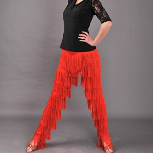 Women girls Red black tassel black latin dance pants latin Tango Dance cha cha latin dance fringe pants trousers