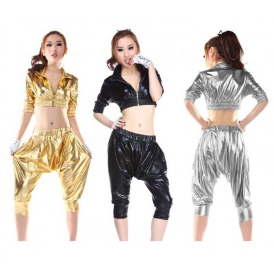 women Hip hop dance costume Jazz Paillette performance wear set Soild Gold Silver Black sexy clothing set Shorts & T-shirt twinset