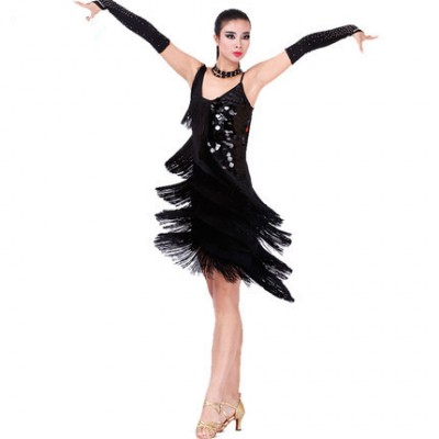 Women Latin Dance Dress Beads Tassels Rumba Competition Ballroom Dress Choker