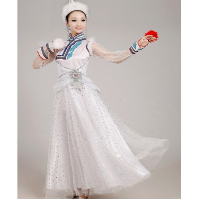 Women Mongolian folk national dancing dresses lady white female competition cosplay minority folk dancing robes dresses costumes