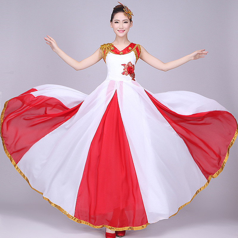 Women Red white Younger Chinese Folk Dance Costumes Chinese Fan Dance Costumes