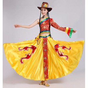 Women Tibetan Dance Dress Kids National Mongolian Dance Costume Female Chinese Folk Dance Costume Stage Costumes for Singers