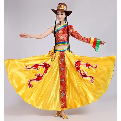 Women Tibetan Dance Dress Kids National Mongolian Dance Costume Female Chinese Folk Dance Costume Stage Costumes for Singers
