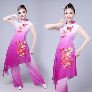 Women's chinese ancient folk dance costumes for female violet gradient colored traditional dance stage performance fan square dancing dresses