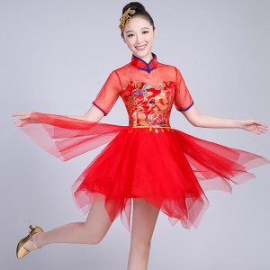 Women's chinese dance dresses china style female red blue dragon ancient classical traditional yangko fan umbrella dance costumes