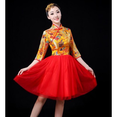 Women's Chinese dragon folk dance dresses red yellow blue female drummer stage performance film cosplay dancing outfits