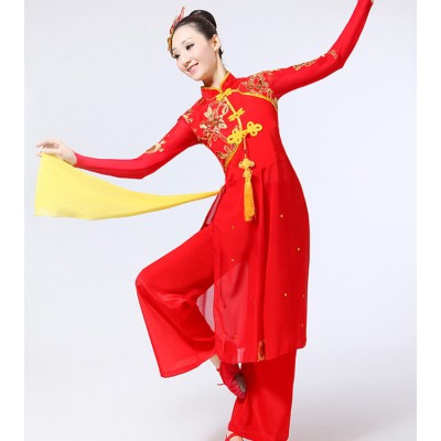 Women's chinese folk dance costumes female red dragon ancient classical  traditional film cosplay yangko fan dance dresses 