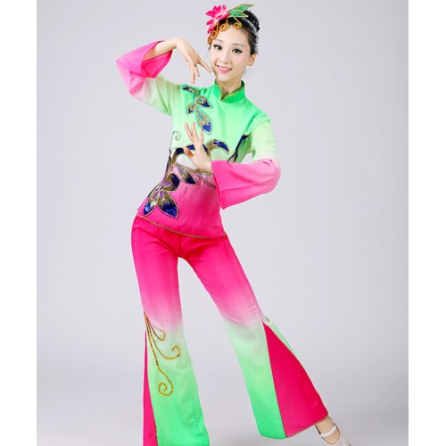 Women's chinese folk dance costumes for female green pink competition performance traditional yangko fan dance dresses