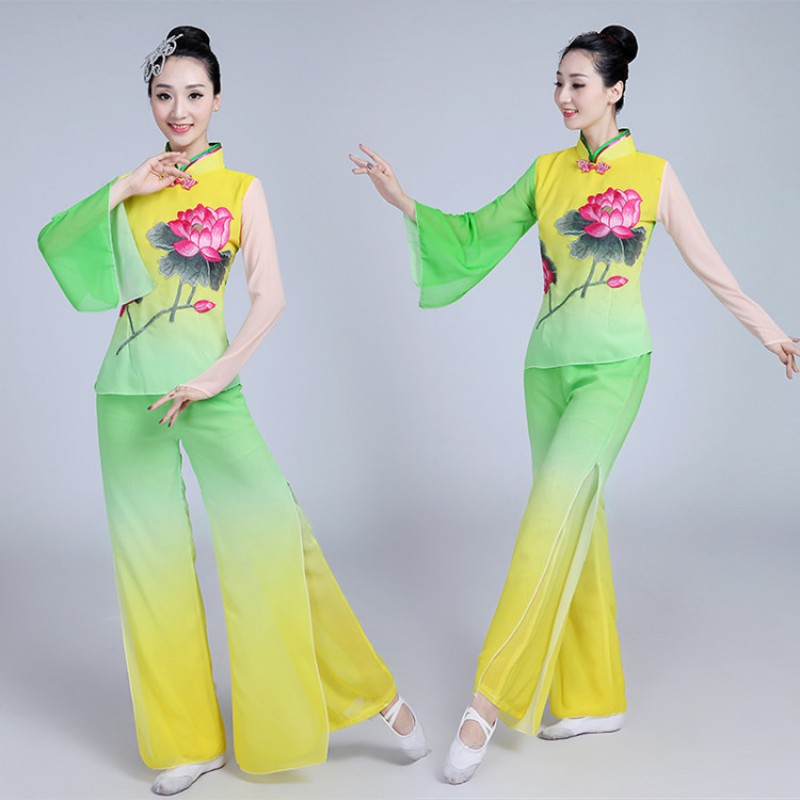 Women's Chinese folk dance dress ancient traditional dress costumes green yellow gradient fan yangko performance dresses