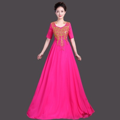 Women's Chorus opening dancing dresses female blue red pink embroidery long length singers modern dance performance  dresses costumes