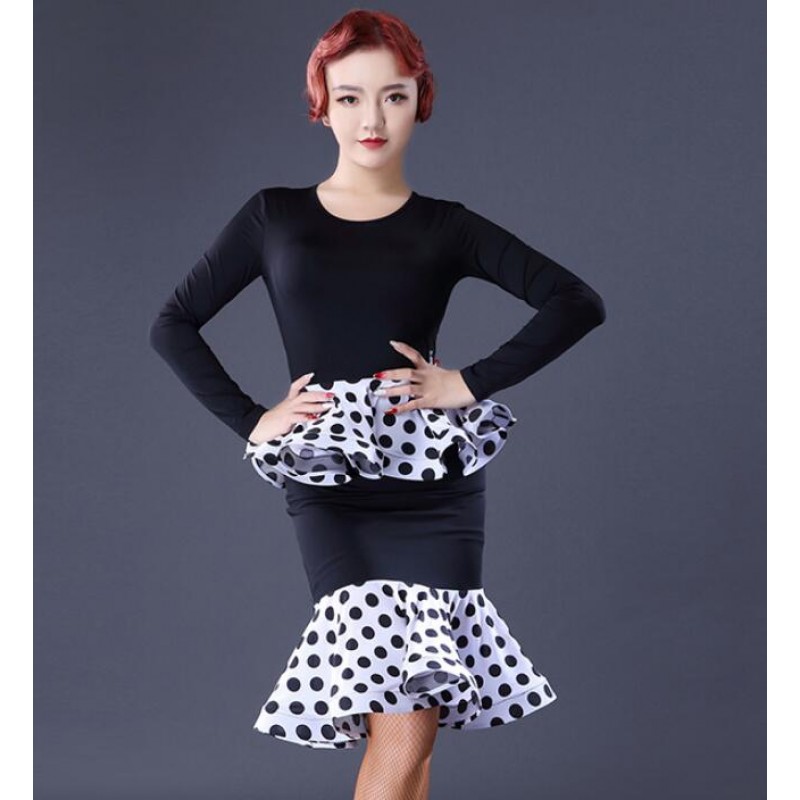 Women's latin dresses white polka dot long sleeves female lady competition stage performance ballroom chacha latin dance dresses