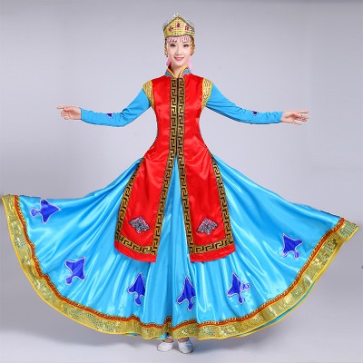 Women's Mongolian folk dance robes dresses women's red blue female competition cosplay stage party performance folk minority dance dresses 