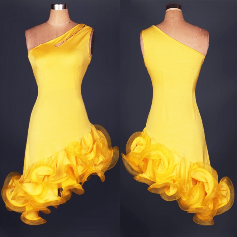 Yellow black one inclined shoulder competition performance professional latin salsa cha cha dance dresses