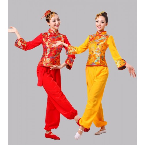Yellow Chinese Folk Dance Clothes Yangko Dance Square Drum Dance Costume Chinese Traditional Dance Costumes outfits
